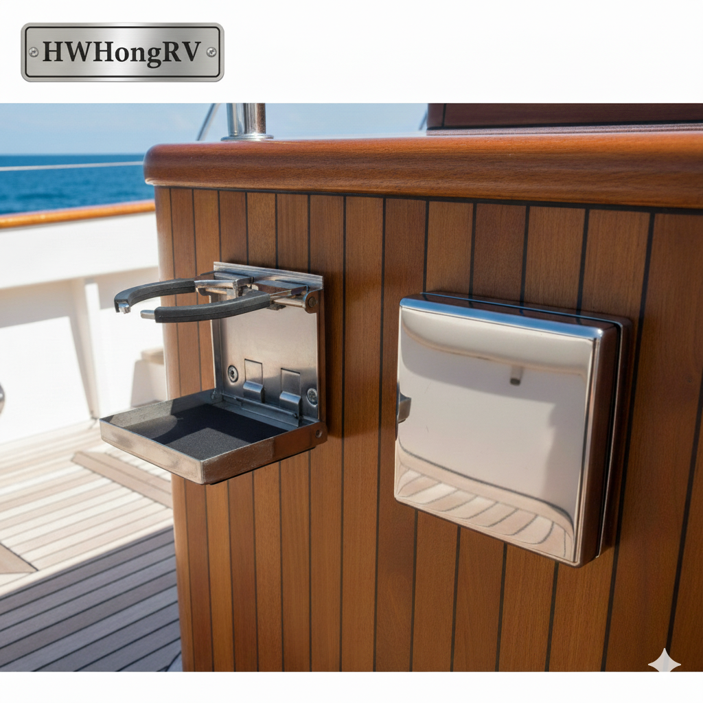 Marine Grade 304 Stainless Steel Adjustable Folding Cup Holder - Wall Mounted Drink Holder for Boat, RV & Yacht