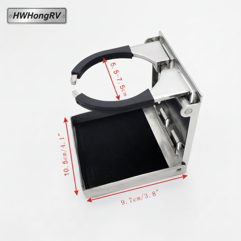 Marine Grade 304 Stainless Steel Adjustable Folding Cup Holder - Wall Mounted Drink Holder for Boat, RV & Yacht
