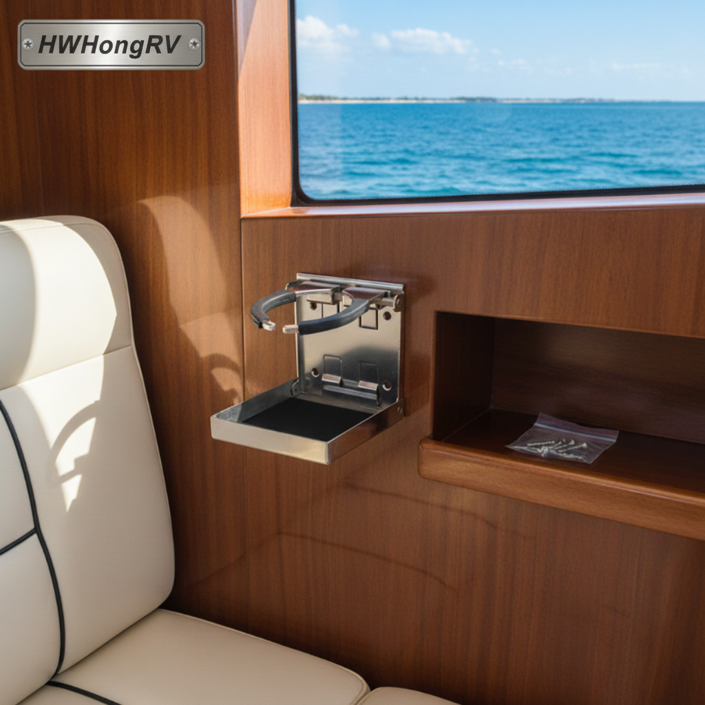 Marine Grade 304 Stainless Steel Adjustable Folding Cup Holder - Wall Mounted Drink Holder for Boat, RV & Yacht